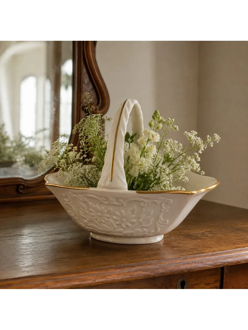 Vintage Lenox Sans Souci Basket Ivory Porcelain 24K Gold Floral USA